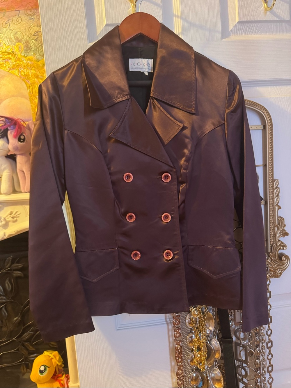 XOXO Women's Double-Breasted Satin Jacket in Deep Plum